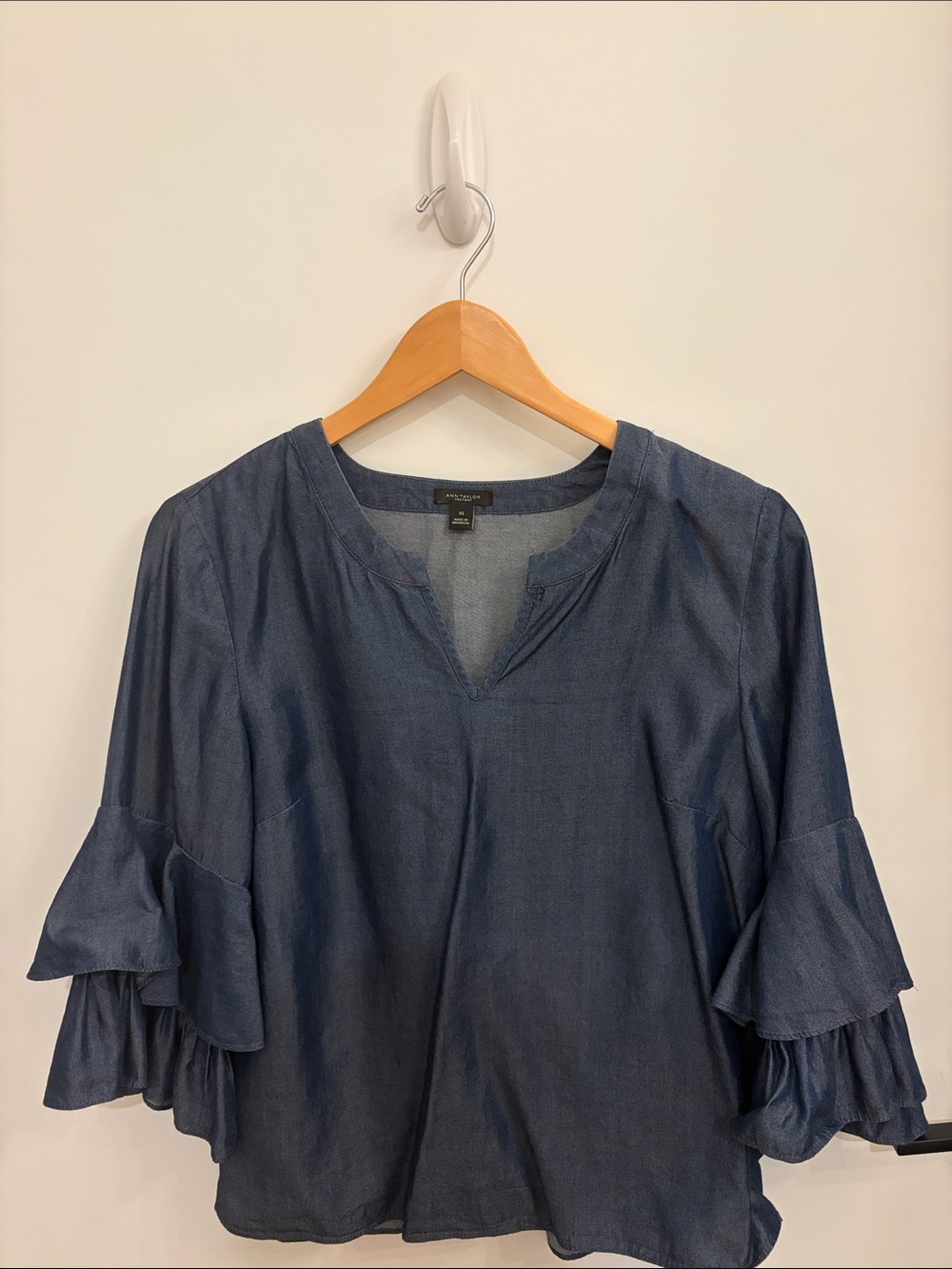 Ann Taylor Factory Metallic Blue Tiered Ruffle Sleeve Blouse